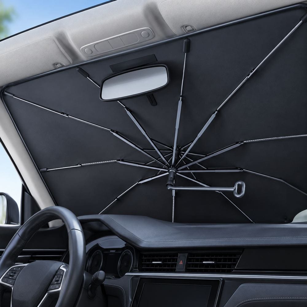 XH-04 windshield sunshade umbrella with Q-curved handle installed inside a car