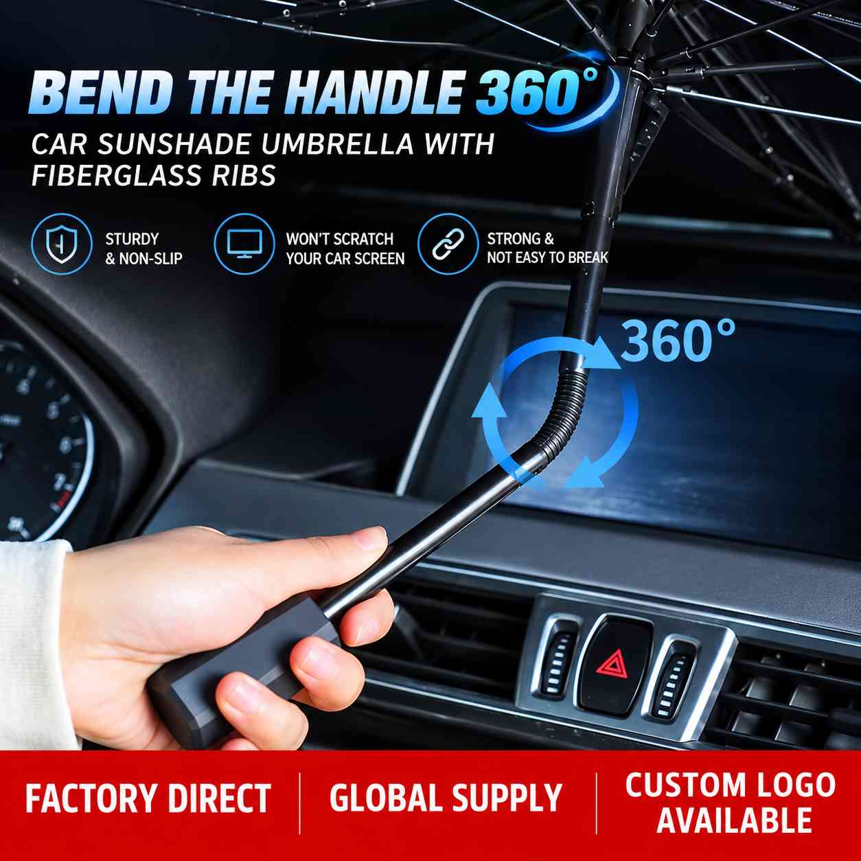 Fiber Rib Curved Handle Windshield Sunshade Umbrella